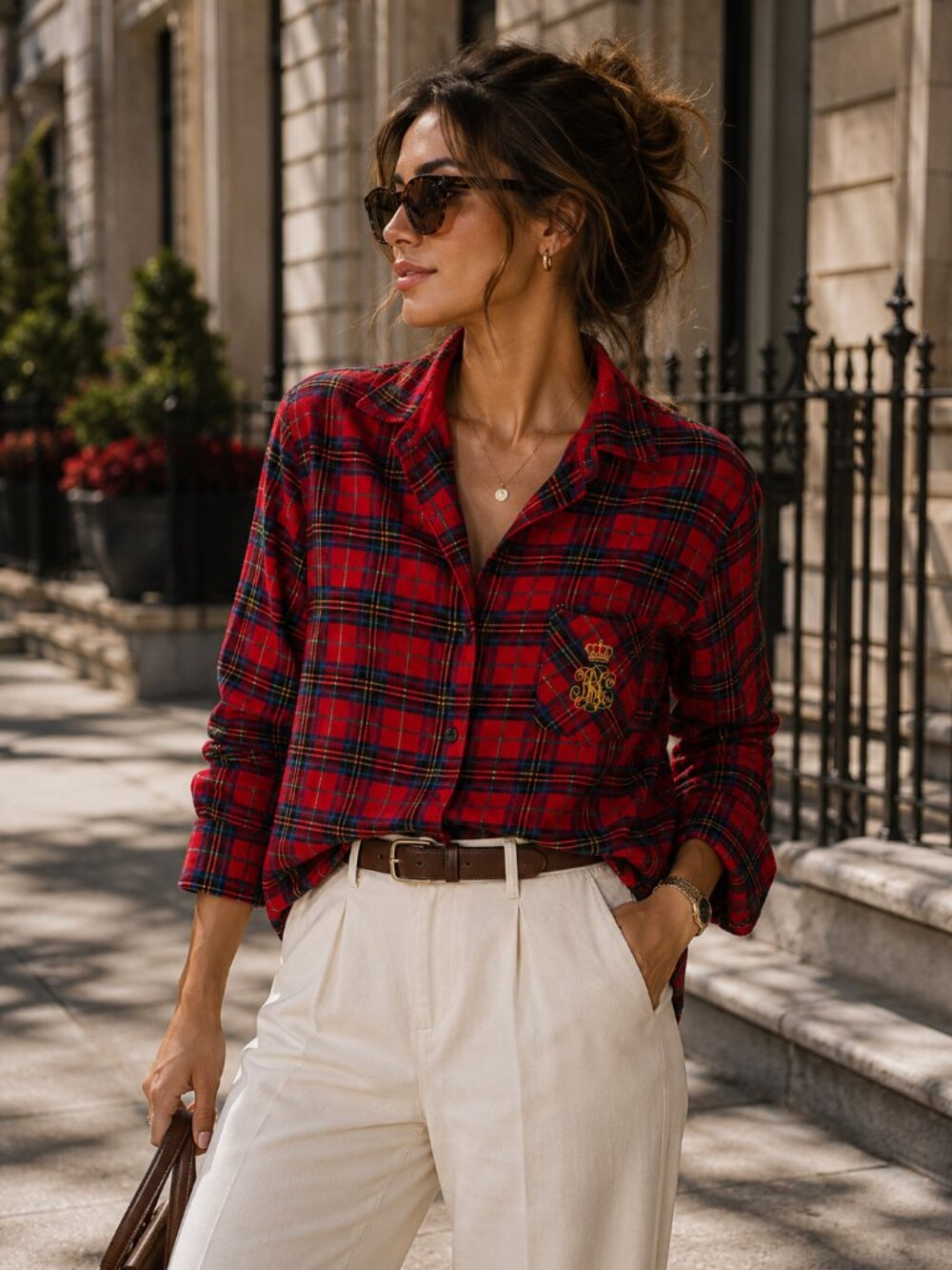 Vintage Lauren Ralph Lauren Black Label Red Tartan Plaid Crest Shirt Preppy S